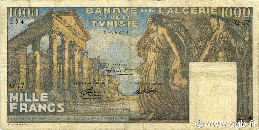 1000 Francs TUNISIA  1950 P.29a MB a BB