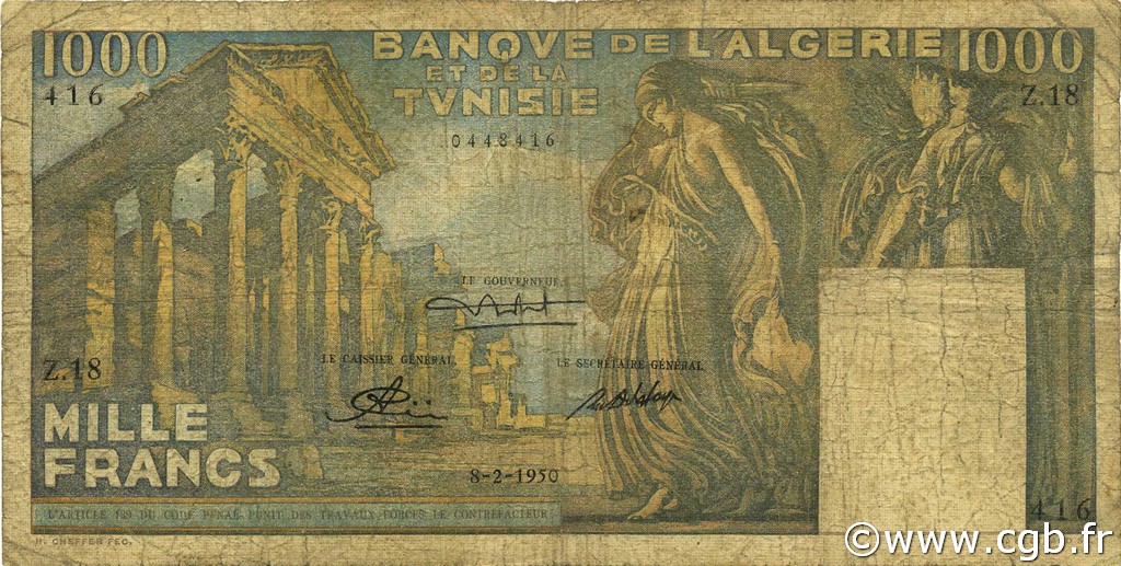1000 Francs TUNISIA  1950 P.29a G