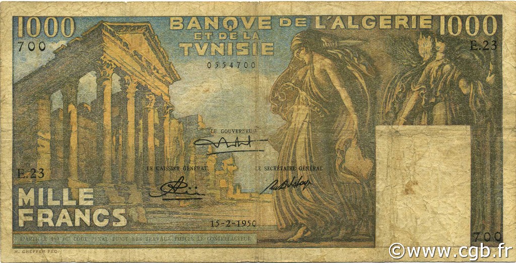 1000 Francs TUNISIA  1950 P.29a q.MB