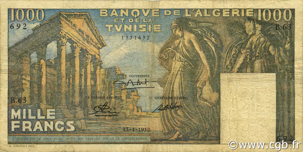 1000 Francs TUNISIA  1950 P.29a F+
