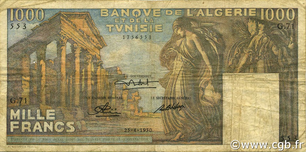 1000 Francs TUNISIA  1950 P.29a MB