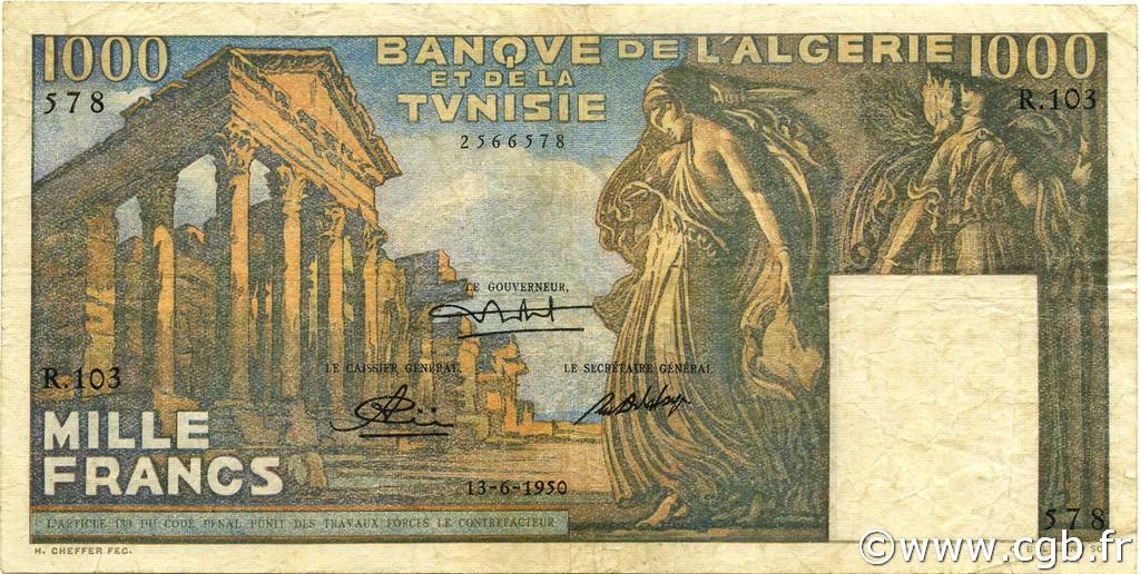 1000 Francs TUNISIA  1950 P.29a q.BB