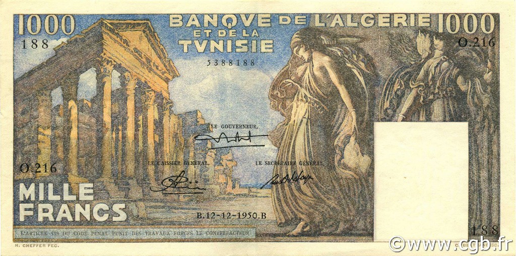 1000 Francs TUNISIA  1950 P.29a XF - AU