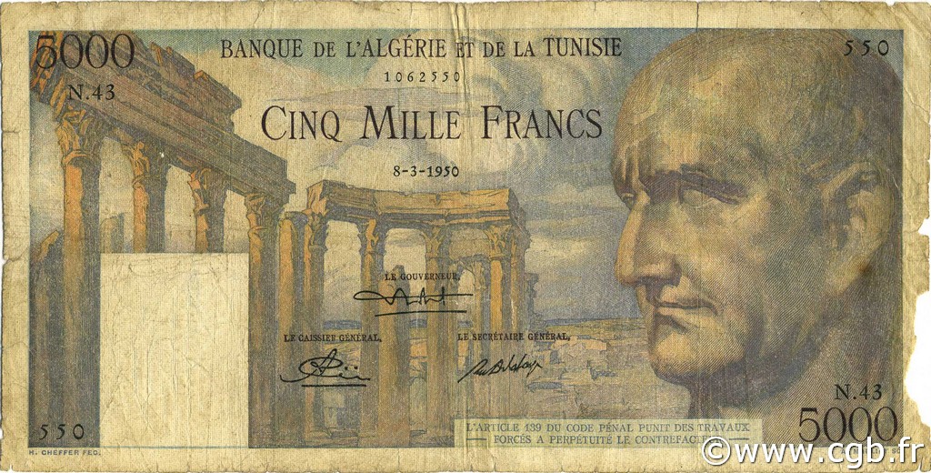 5000 Francs TUNISIA  1950 P.30a B