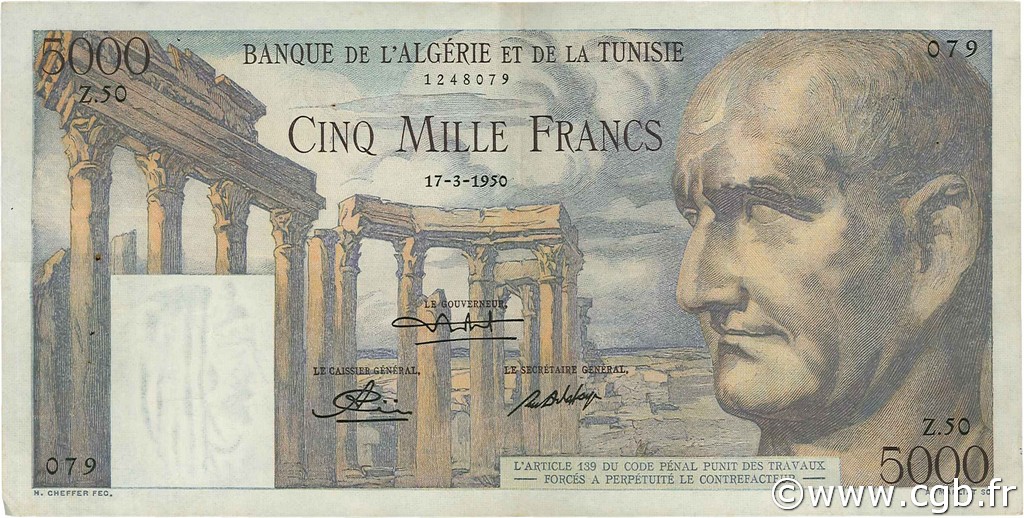 5000 Francs TUNESIEN  1950 P.30 fVZ
