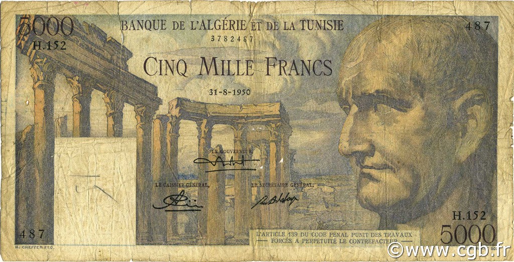 5000 Francs TUNISIA  1950 P.30a G