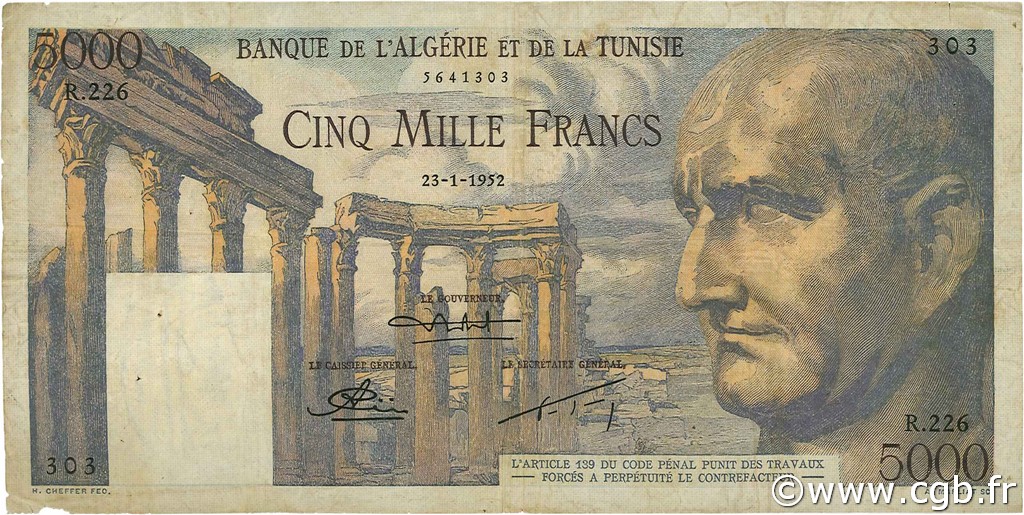 5000 Francs TUNISIA  1952 P.30 VF