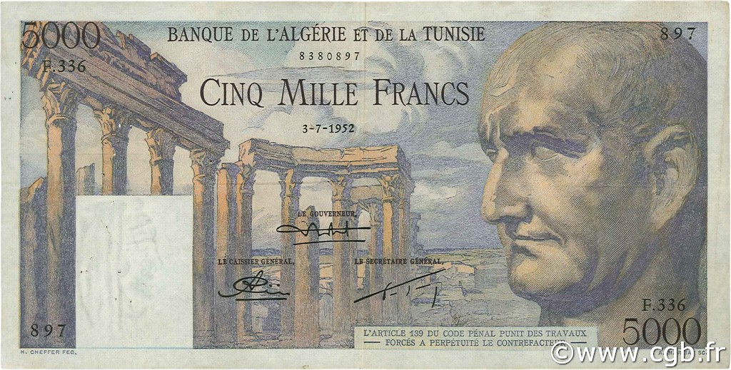 5000 Francs TUNESIEN  1952 P.30 SS