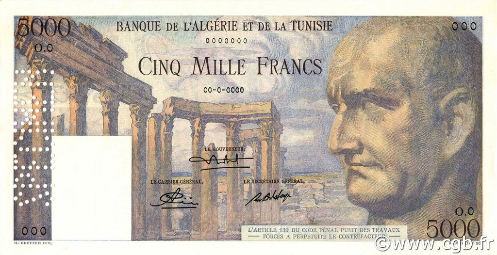 5000 Francs Spécimen TUNISIA  1950 P.30s q.FDC