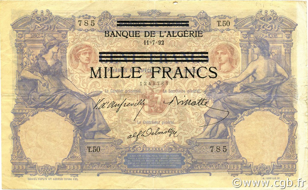 1000 Francs sur 100 Francs TUNISIA  1943 P.31 VF