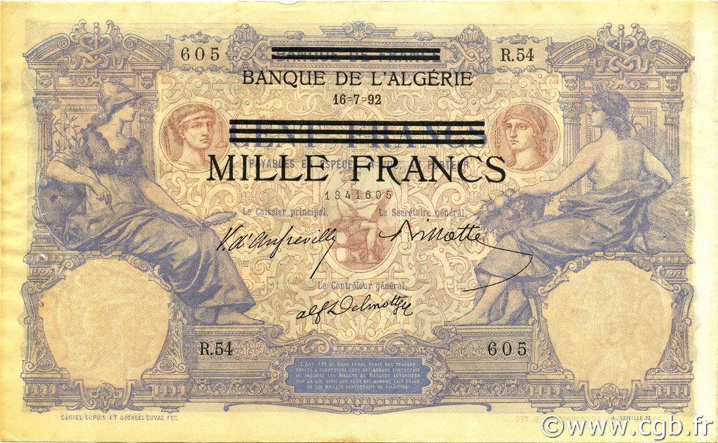 1000 Francs sur 100 Francs TúNEZ  1943 P.31 MBC+