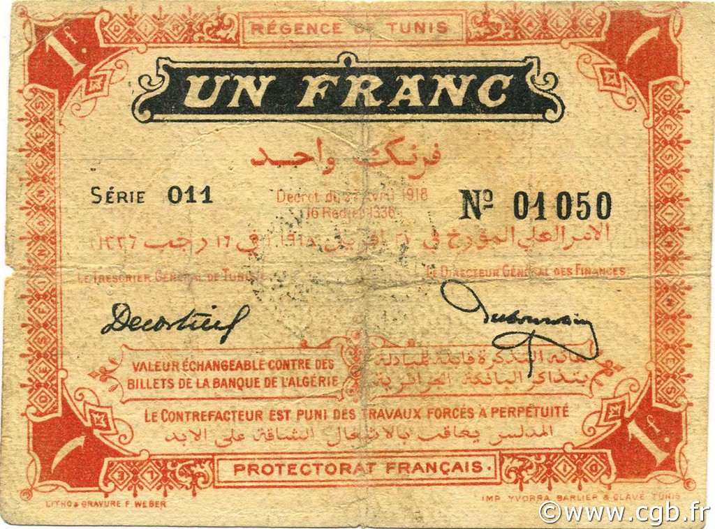 1 Franc TUNESIEN  1918 P.36d fS