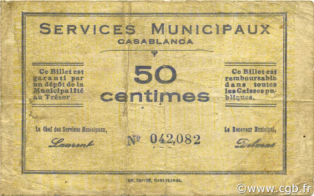 50 Centimes MOROCCO Casablanca 1919 P.-- F+