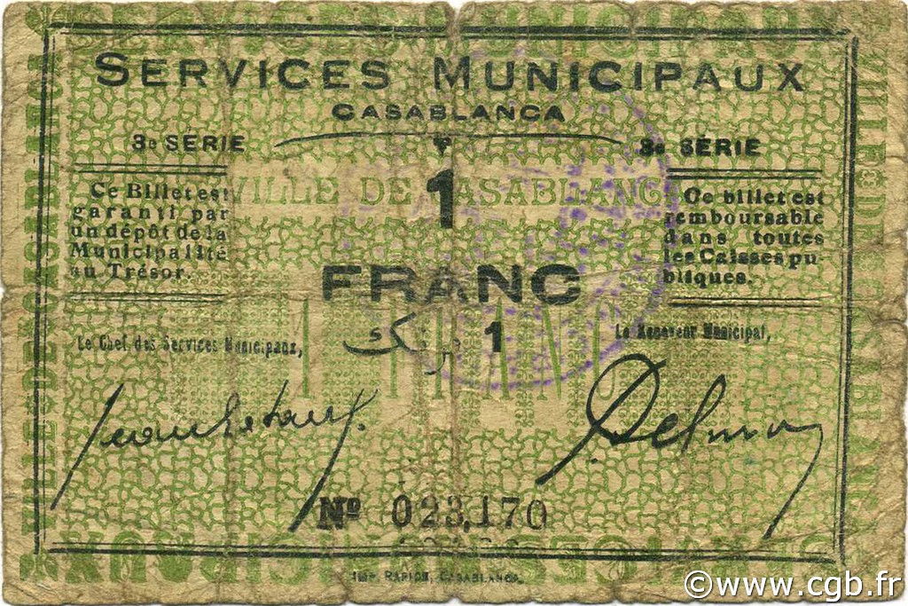1 Franc MOROCCO Casablanca 1919 P.-- G