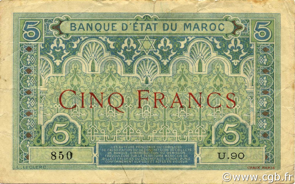 5 Francs MOROCCO  1921 P.08 F+