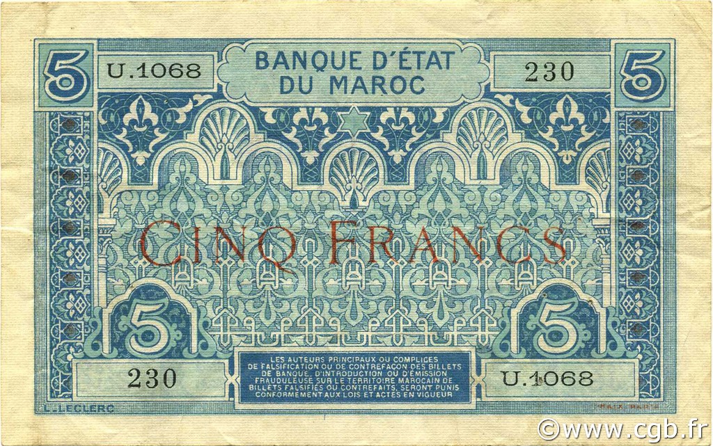 5 Francs MAROCCO  1924 P.09 BB