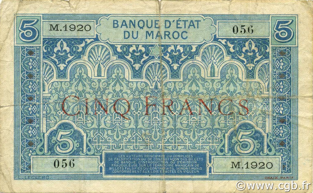5 Francs MAROKKO  1924 P.09 fS