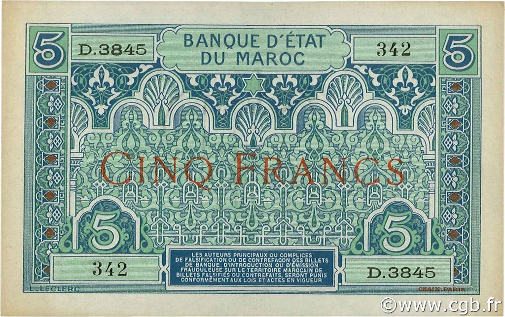 5 Francs MOROCCO  1924 P.09 XF