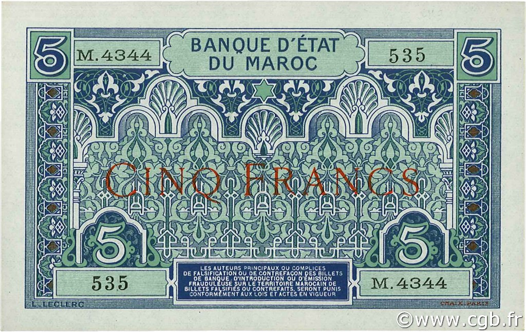 5 Francs MAROKKO  1924 P.09 fST+