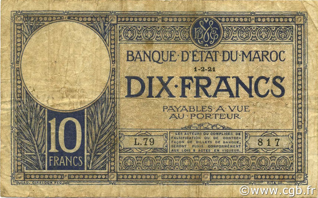 10 Francs MARUECOS  1921 P.11a BC
