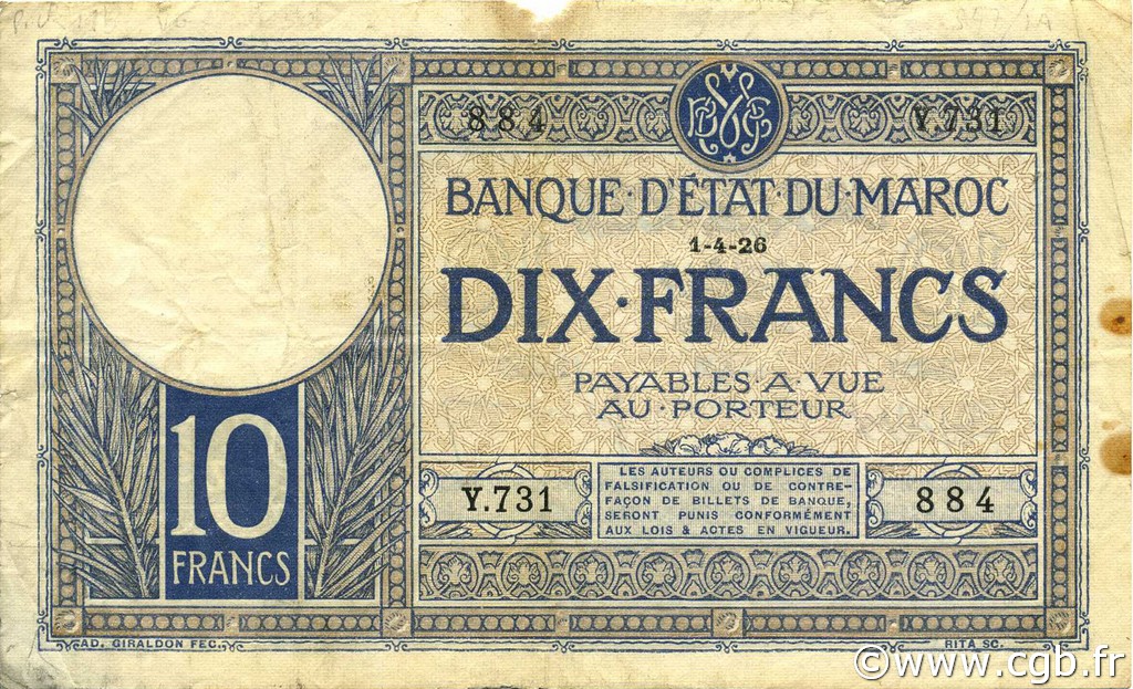 10 Francs MAROCCO  1926 P.11b q.BB