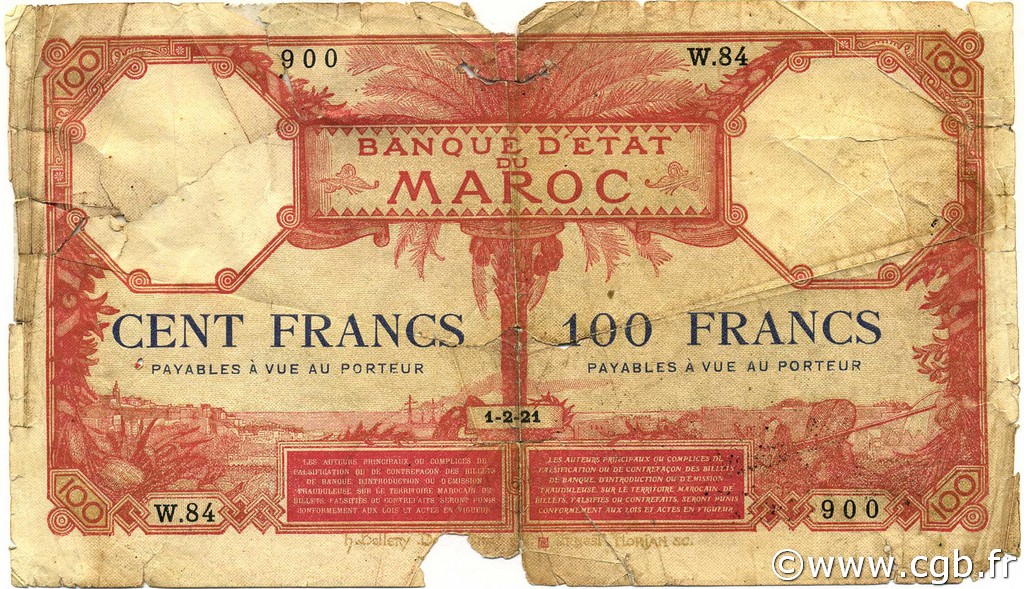 100 Francs MAROKKO  1921 P.14 GE