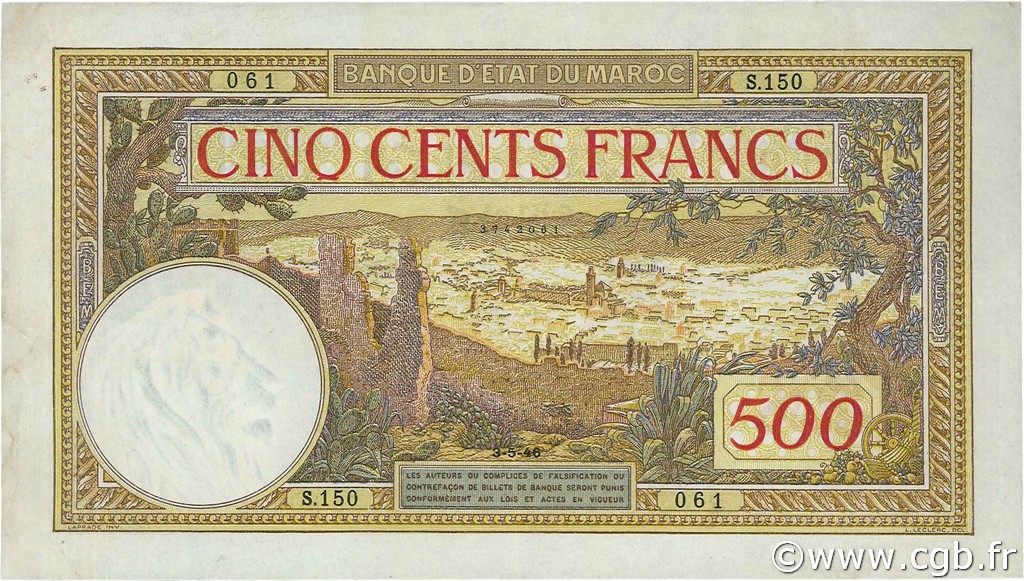 500 Francs MOROCCO  1946 P.15b VF+