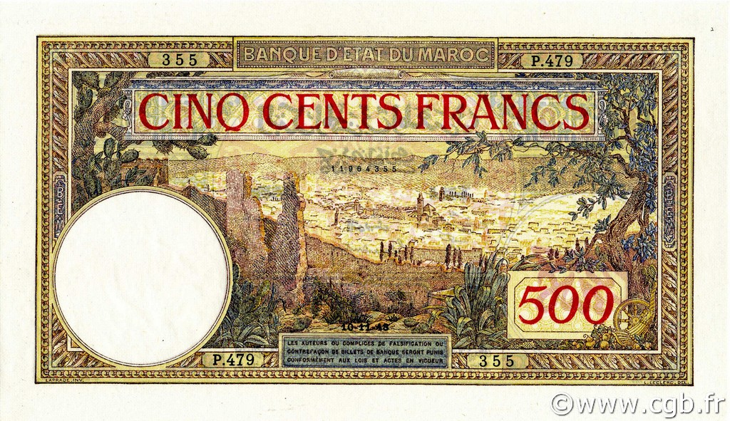 500 Francs MAROCCO  1948 P.15b q.FDC