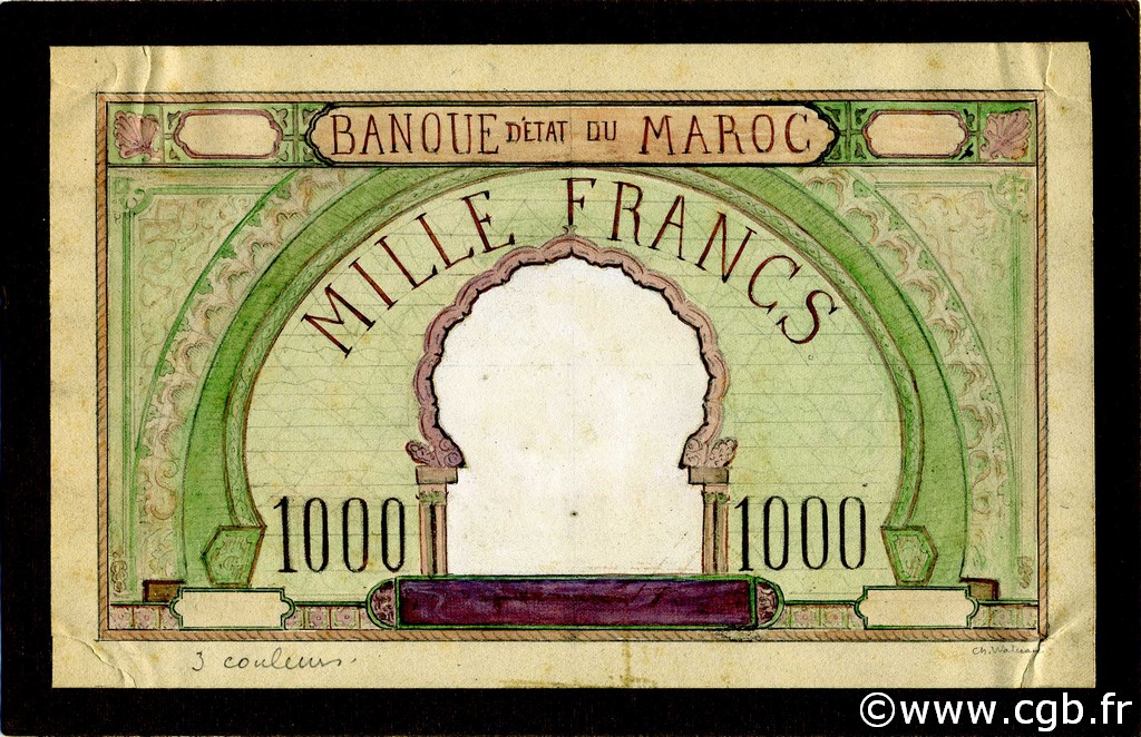 1000 Francs Essai MOROCCO  1920 P.-- VF
