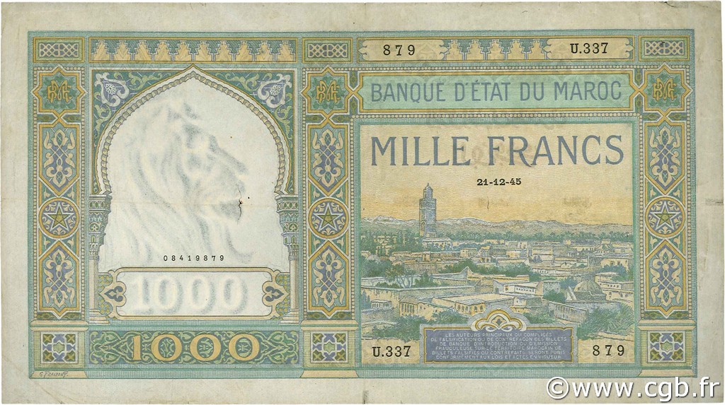 1000 Francs MAROCCO  1945 P.16c MB