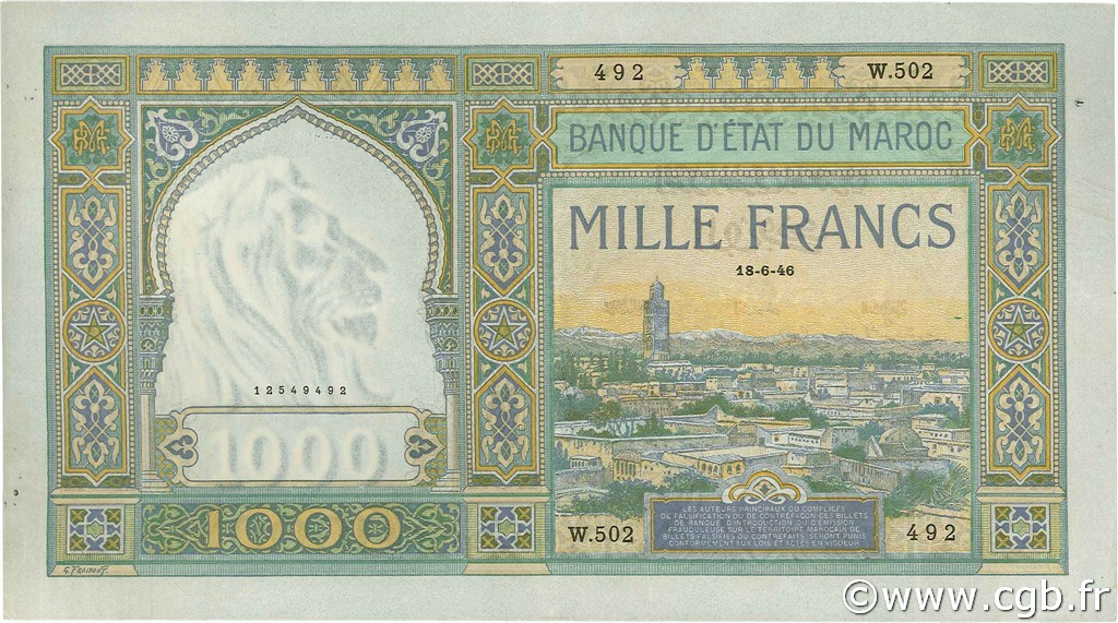 1000 Francs MOROCCO  1946 P.16c XF-