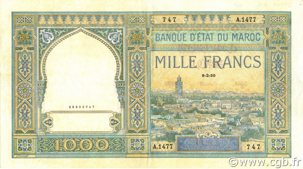 1000 Francs MARUECOS  1950 P.16c EBC