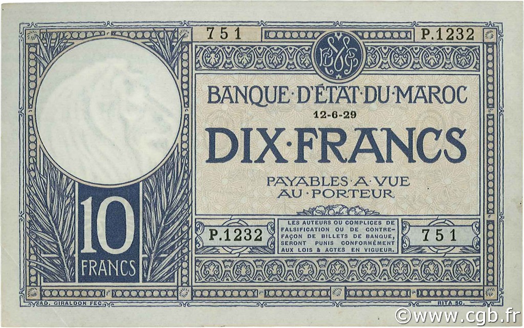 10 Francs MOROCCO  1929 P.17a XF+