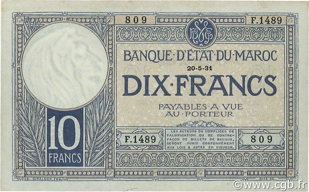 10 Francs MOROCCO  1931 P.17a AU