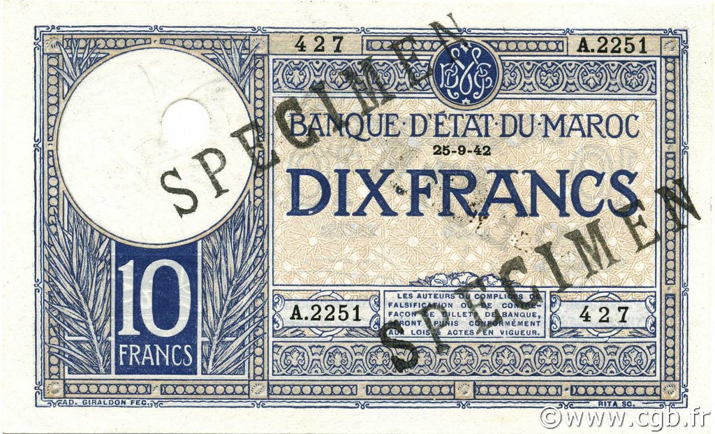 10 Francs MARUECOS  1942 P.17s SC+