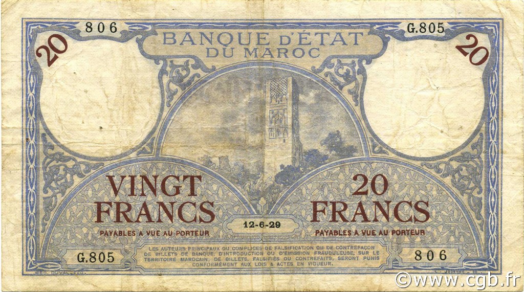 20 Francs MOROCCO  1929 P.18a F - VF