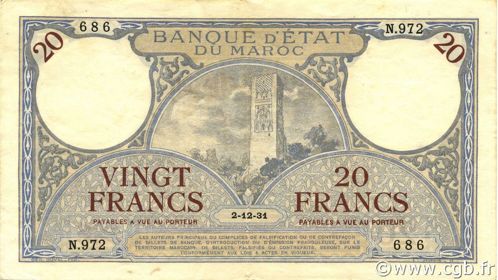20 Francs MOROCCO  1931 P.18a VF+