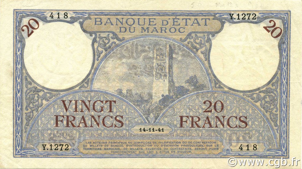 20 Francs MAROKKO  1941 P.18b VZ+