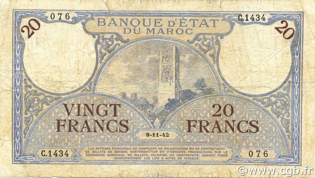 20 Francs MAROKKO  1942 P.18b fS