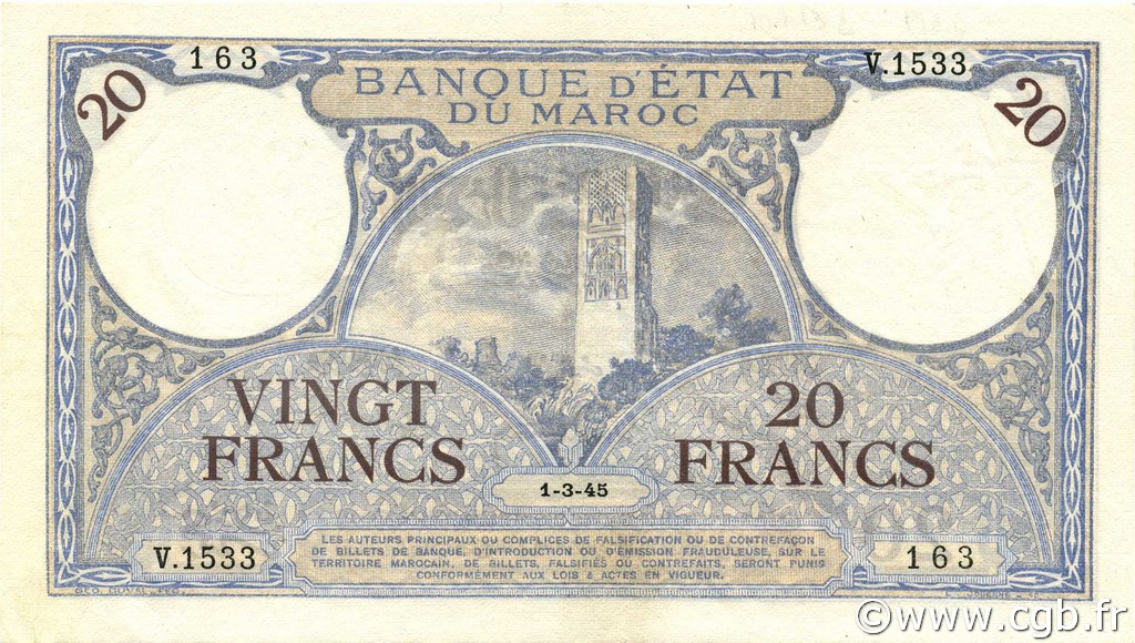 20 Francs MOROCCO  1945 P.18b XF - AU
