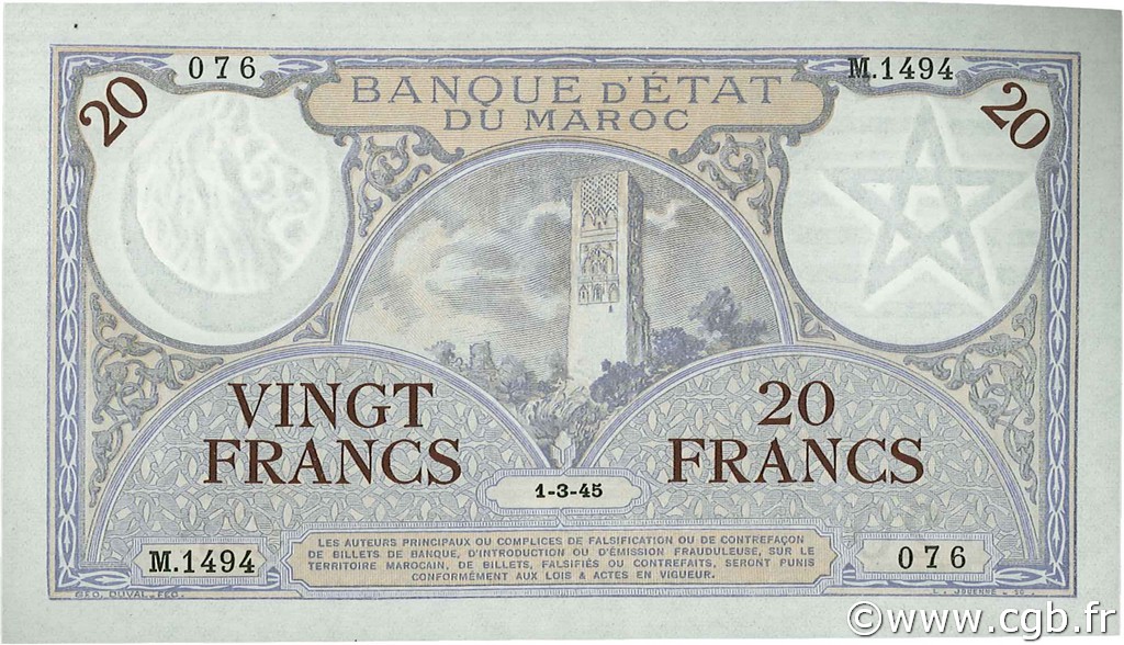 20 Francs MOROCCO  1945 P.18b UNC
