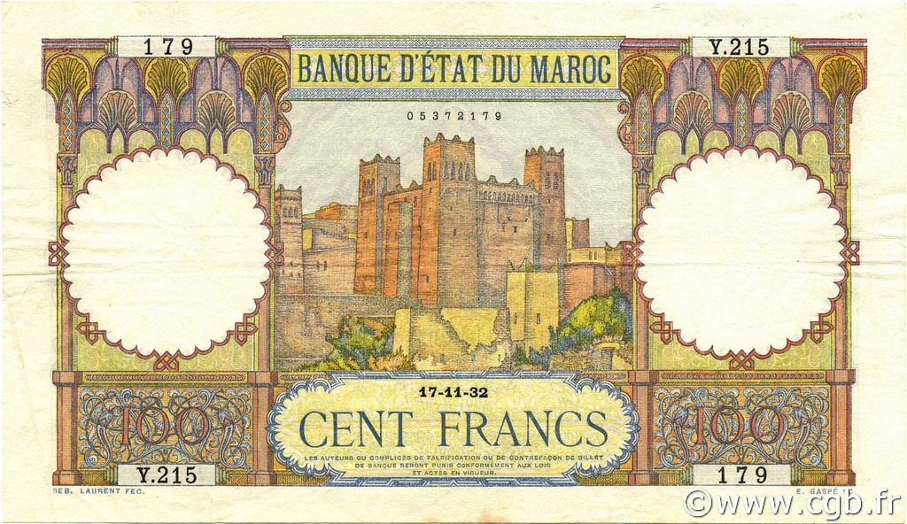 100 Francs MAROKKO  1932 P.20 SS