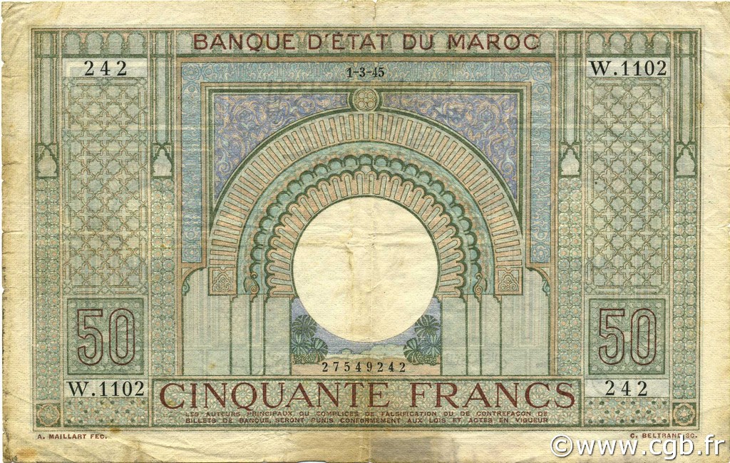 50 Francs MARUECOS  1945 P.21 BC+