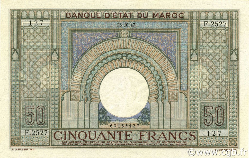 50 Francs MAROKKO  1947 P.21 fST+