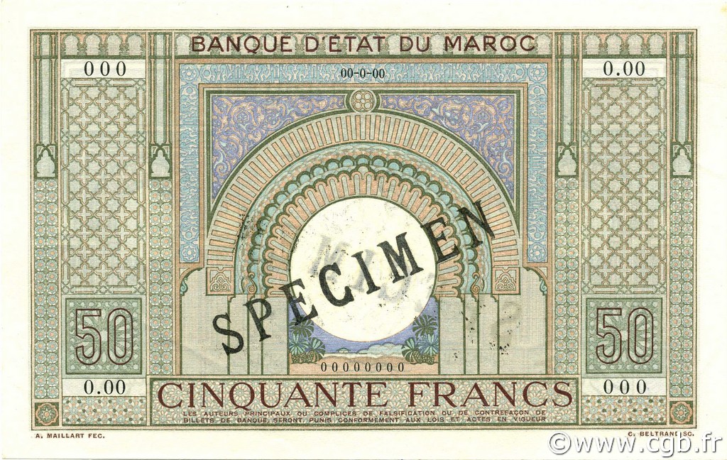 50 Francs MARUECOS  1935 P.21s SC+