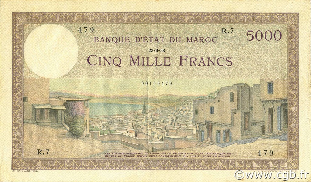 5000 Francs MOROCCO  1938 P.23a VF+
