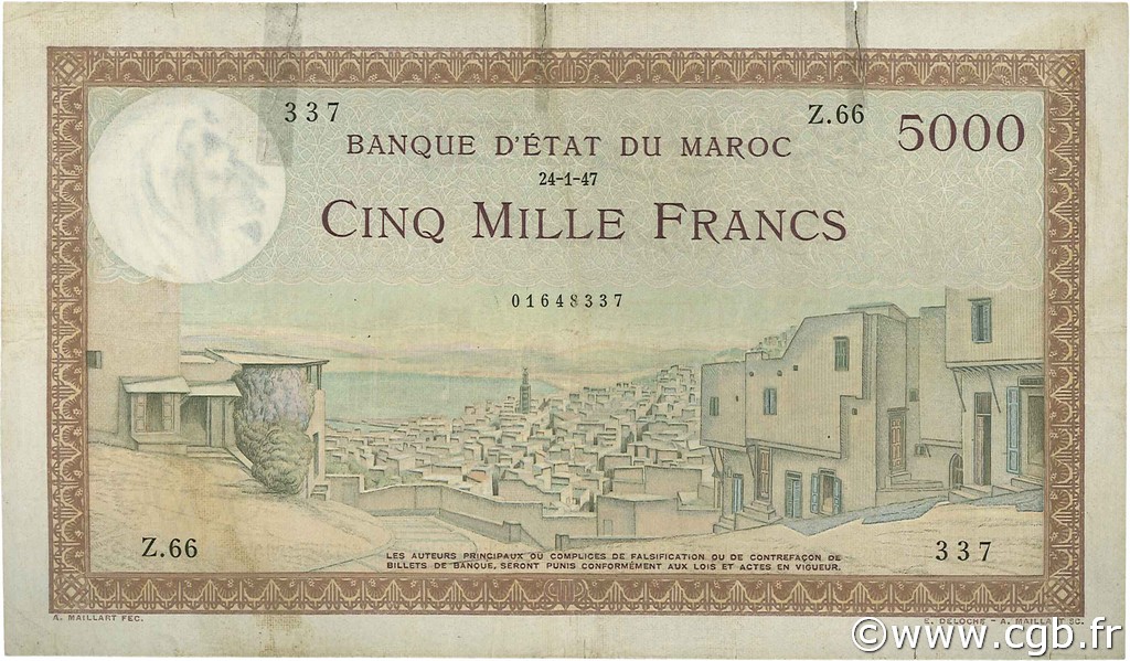 5000 Francs MAROKKO  1947 P.23c S