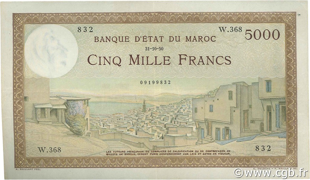 5000 Francs MAROKKO  1950 P.23c fVZ