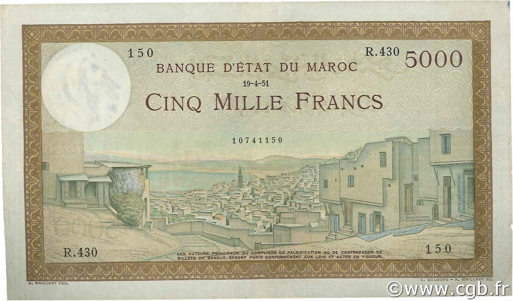 5000 Francs MOROCCO  1951 P.23c VF
