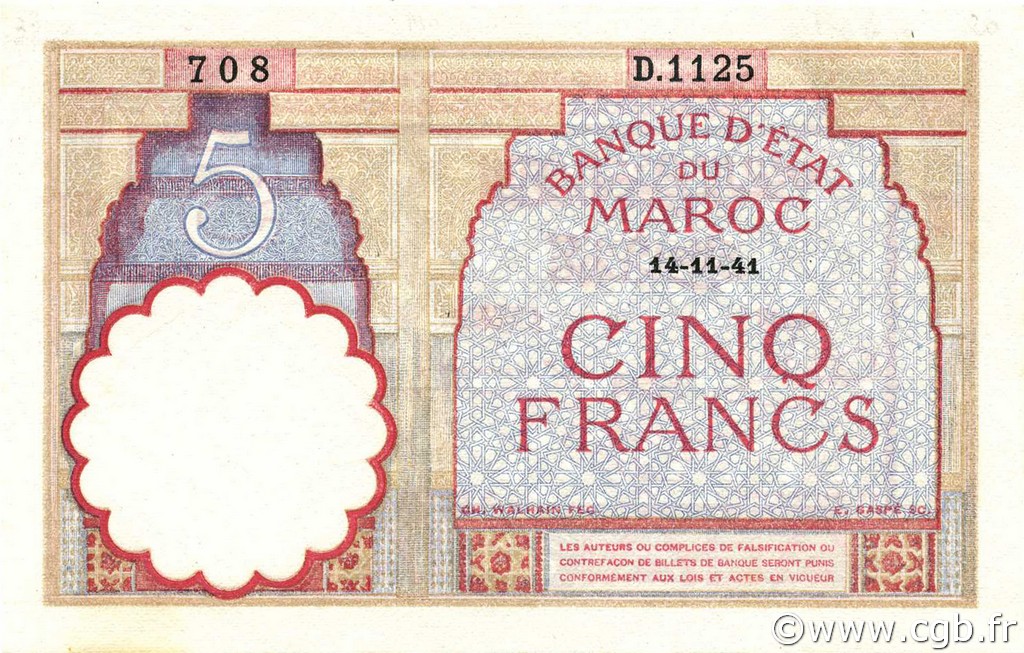 5 Francs MARUECOS  1941 P.23Ab SC+